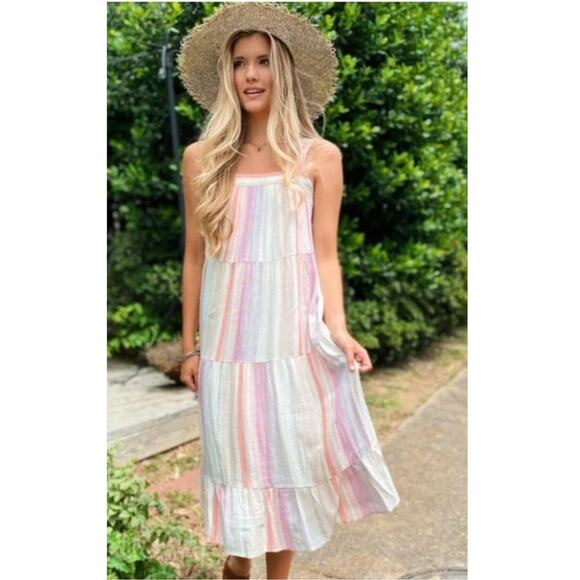 Rails Amaya Tiered Midi Dress Juliette Stripe Sleeveless Pastel Rainbow Boho S - Picture 7 of 16